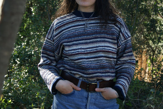 1980s Wool Blend Striped Pullover Sweater in Blue and Burgundy Tones - L