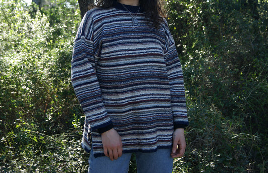 1980s Wool Blend Striped Pullover Sweater in Blue and Burgundy Tones - L