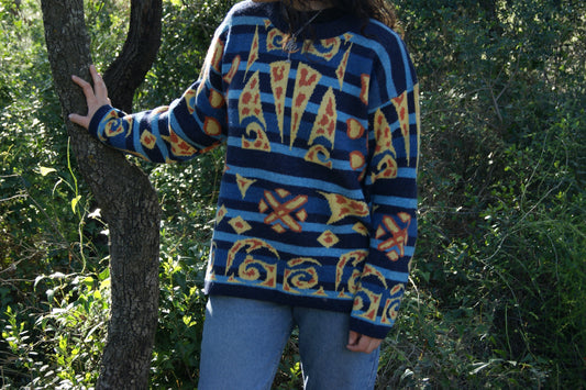 1980s Southwestern Tapestry Wool Blend Pullover Sweater in Royal Blue & Orange Tones - L