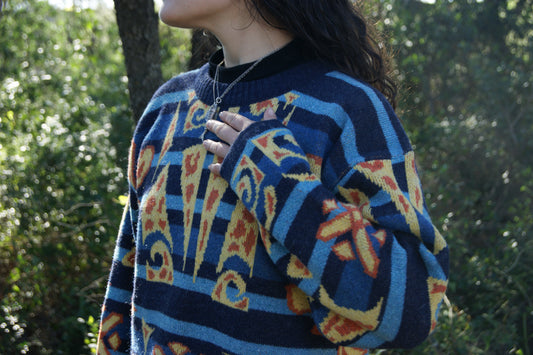 1980s Southwestern Tapestry Wool Blend Pullover Sweater in Royal Blue & Orange Tones - L