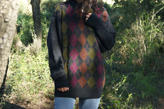 1980s Oversized Argyle Wool Blend Sweater in Rainbow Harlequin Pattern – L