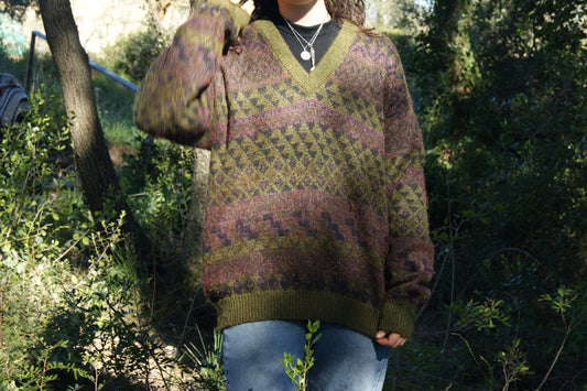 1980s Fair Isle V-Neck Wool Sweater in Earthy Moss & Mauve
