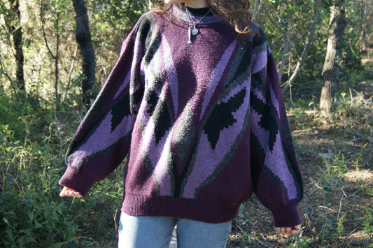 1980s Geometric Wool Blend Sweater in Mauve & Charcoal Color-Block Design - L