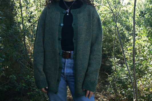 1980s Hand-Knitted 100% Wool Forest Green Cardigan - L