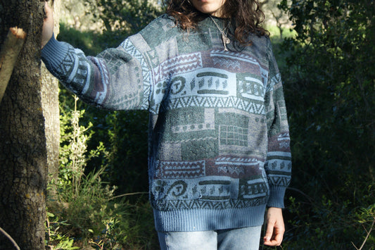 1980s Wool-Blend Geometric Blue Pattern Jumper - L