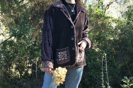 1990s Plum Velvet and Tapestry Witch Cardigan - M
