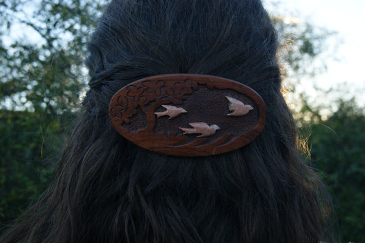 1970s Hand-Carved Wooden Hair Clip with Bird Motif