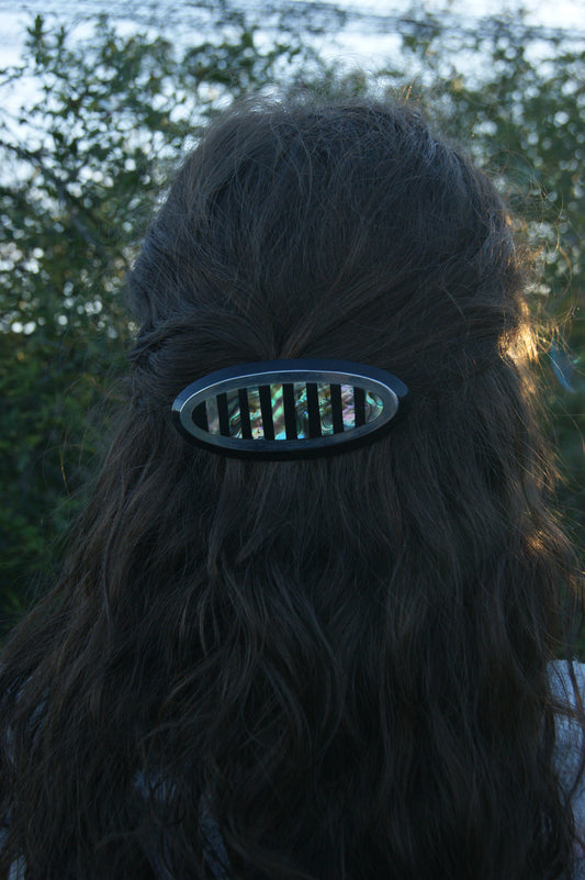 1970s Oval Hair Clip with Mother-of-Pearl & Resin Inlay