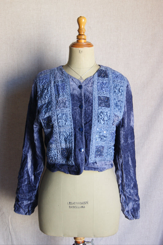 1990s Blue Patchwork Velvet Cardigan - M