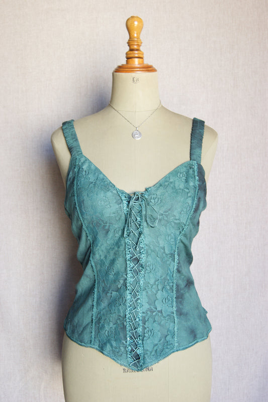 1990s Emerald Floral Corset-Top -  M