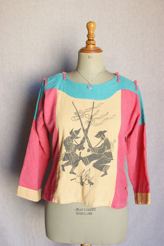 1980s Linen Colorblock Top with Samurai Print - M