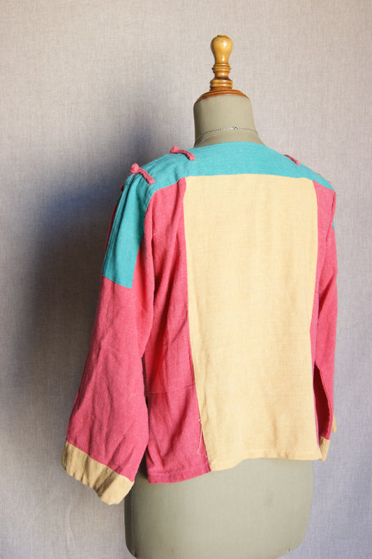 1980s Linen Colorblock Top with Samurai Print - M