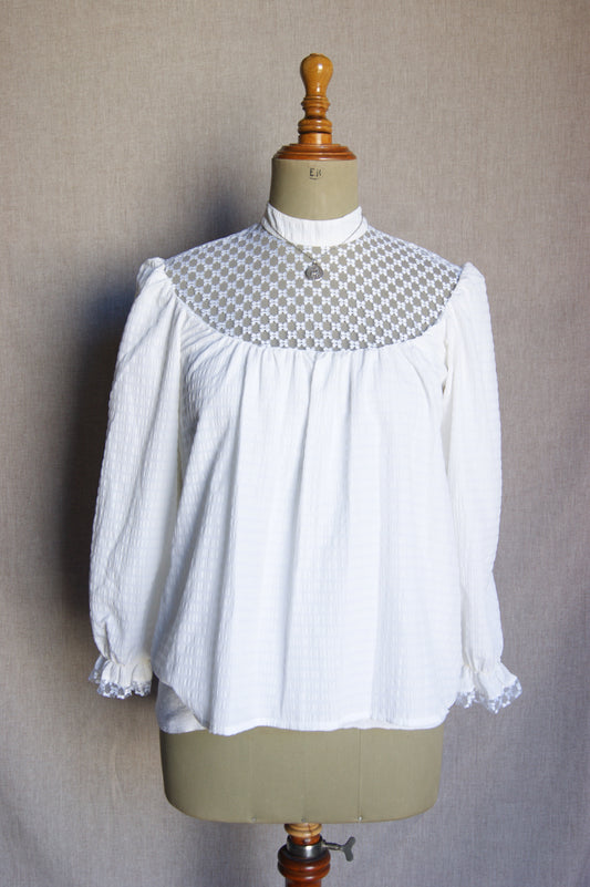 1960s White Lace Yoke Blouse - M