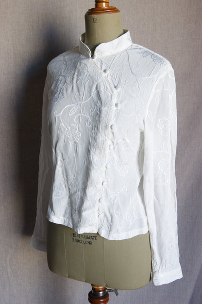 1980s White Embroidered Sheer Blouse - S/M