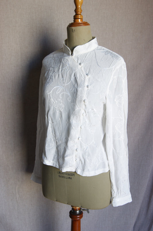 1980s White Embroidered Sheer Blouse - S/M