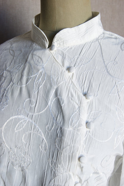 1980s White Embroidered Sheer Blouse - S/M