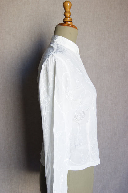 1980s White Embroidered Sheer Blouse - S/M