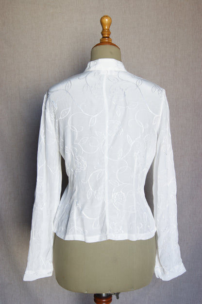 1980s White Embroidered Sheer Blouse - S/M