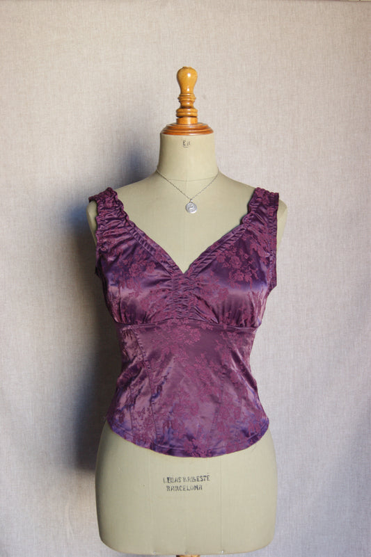 1990 Plum Satin Ruched Top - S/M