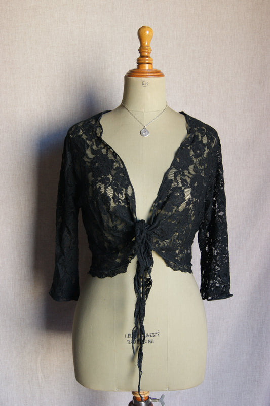 1990s Black Lace Tie-Front Cardigan - M