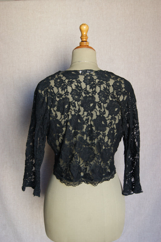 1990s Black Lace Tie-Front Cardigan - M