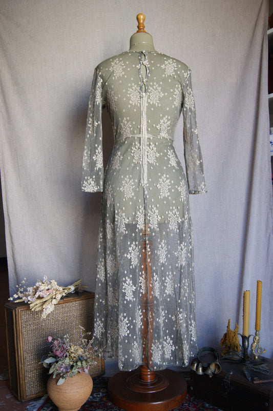 1980s Sheer Lace Overlay Dress - M
