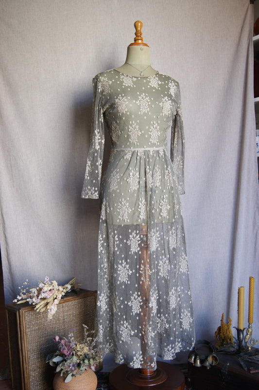 1980s Sheer Lace Overlay Dress - M