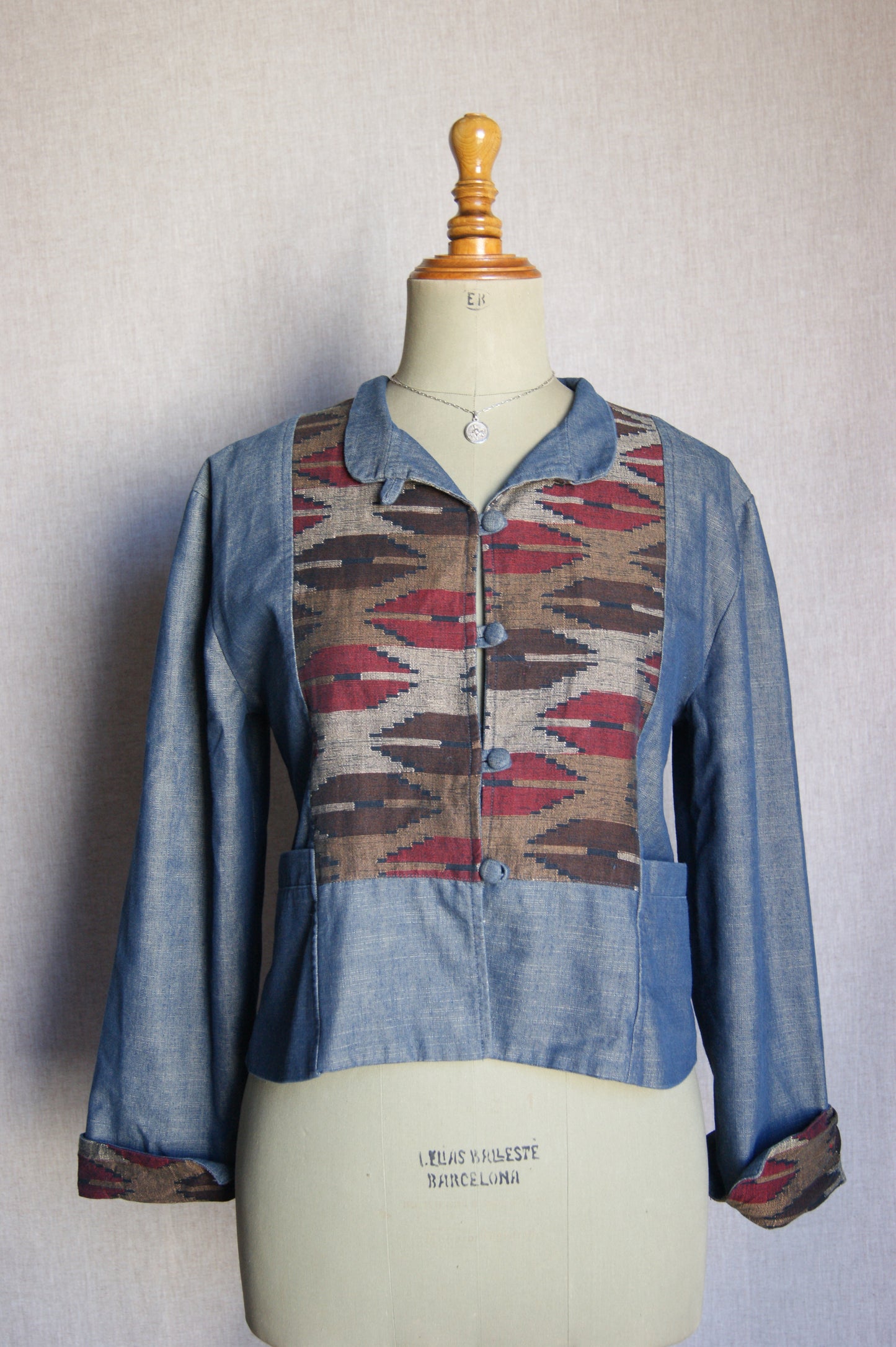 1990s Handcrafted Denim Jacket with Southwestern Woven Panels - M
