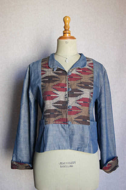 1990s Handcrafted Denim Jacket with Southwestern Woven Panels - M