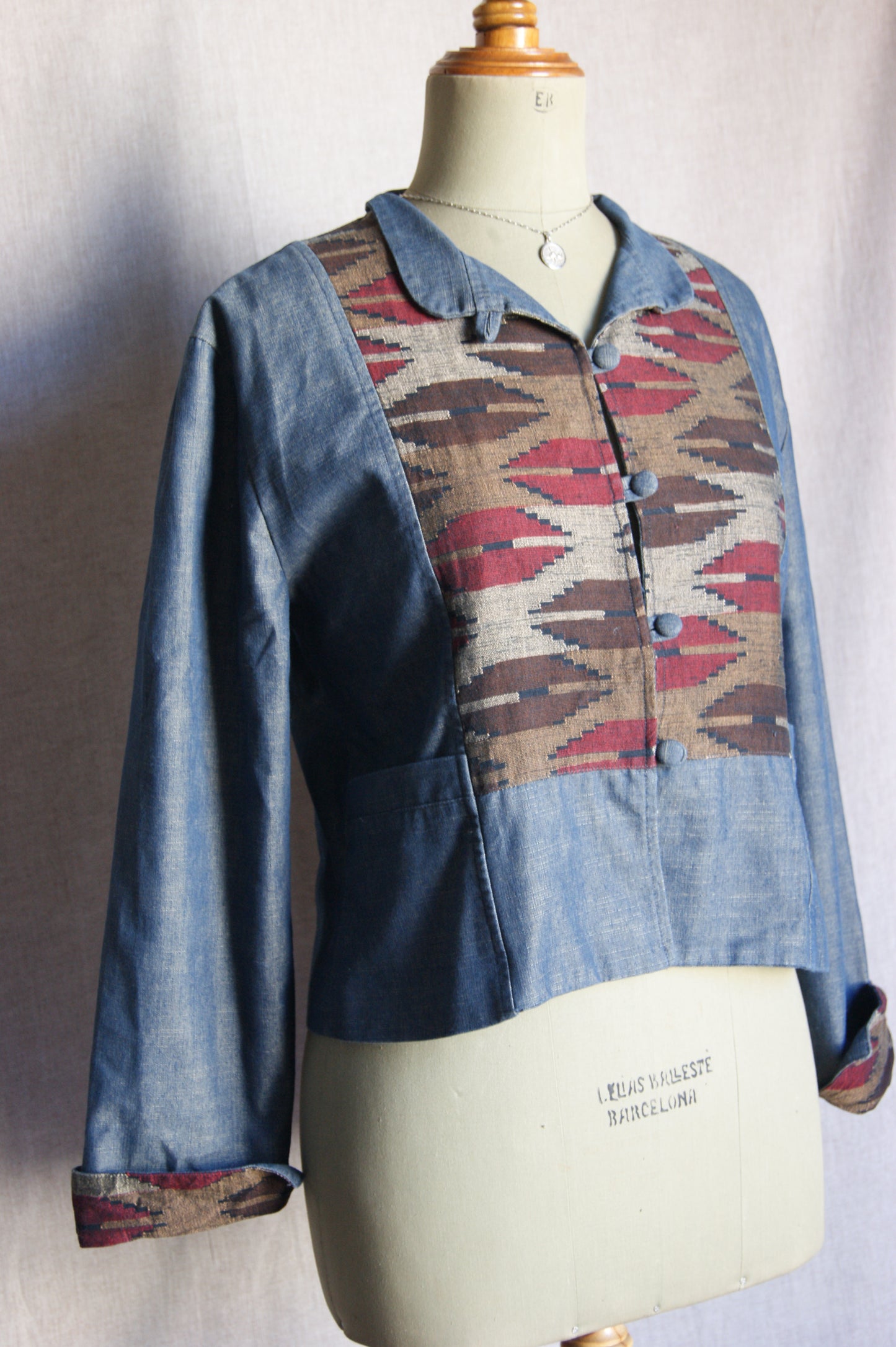 1990s Handcrafted Denim Jacket with Southwestern Woven Panels - M