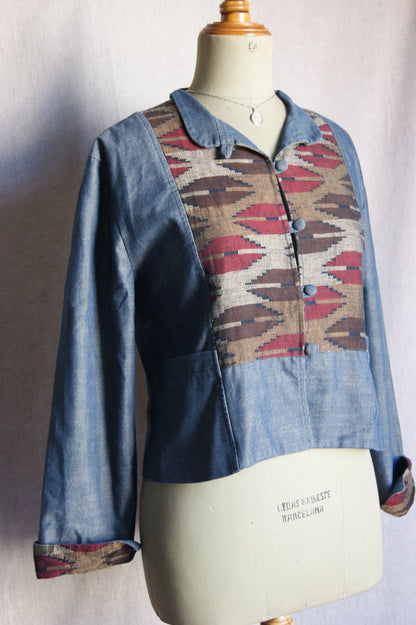 1990s Handcrafted Denim Jacket with Southwestern Woven Panels - M