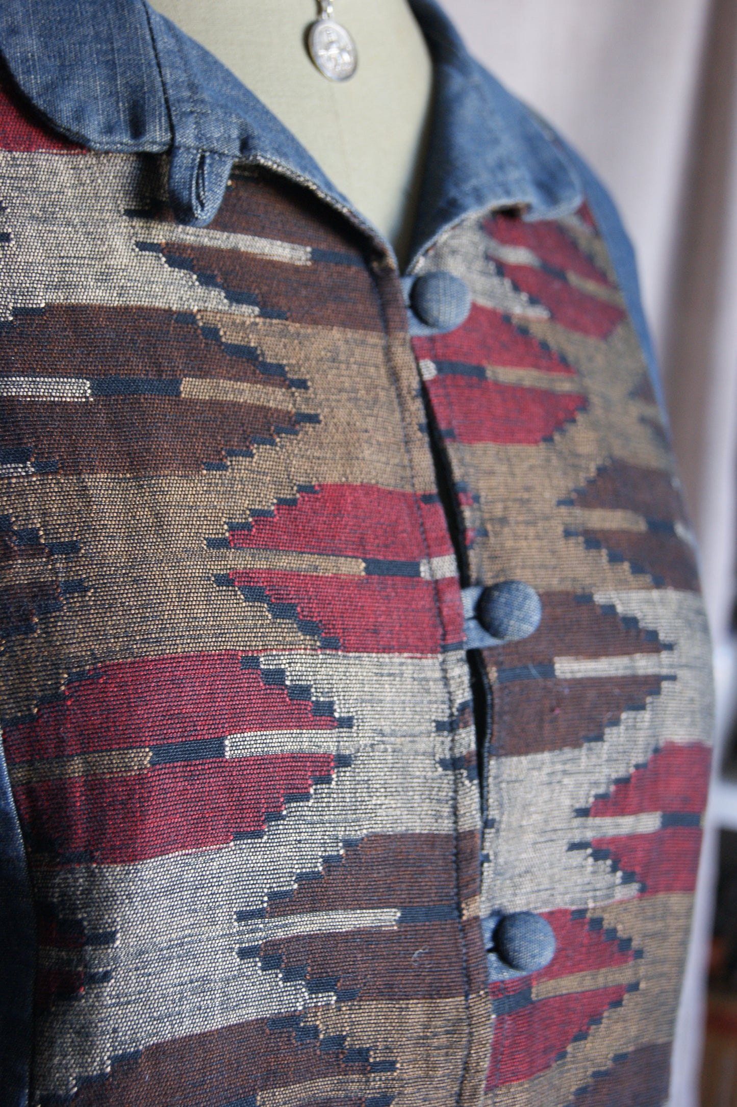 1990s Handcrafted Denim Jacket with Southwestern Woven Panels - M
