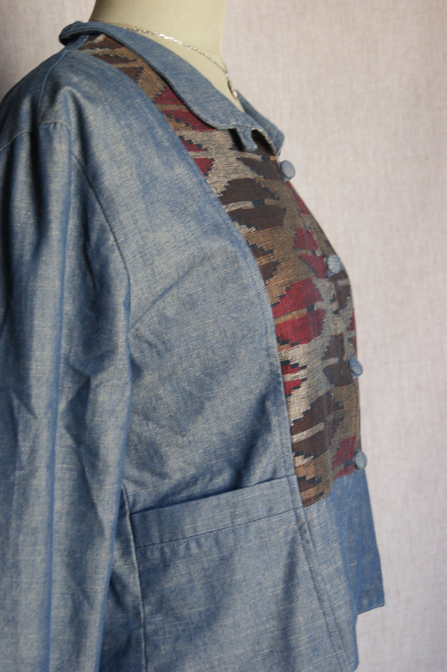 1990s Handcrafted Denim Jacket with Southwestern Woven Panels - M