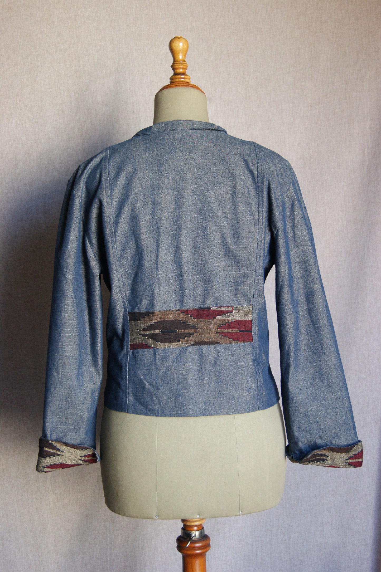 1990s Handcrafted Denim Jacket with Southwestern Woven Panels - M