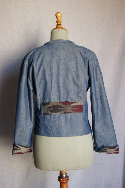 1990s Handcrafted Denim Jacket with Southwestern Woven Panels - M