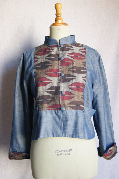 1990s Handcrafted Denim Jacket with Southwestern Woven Panels - M