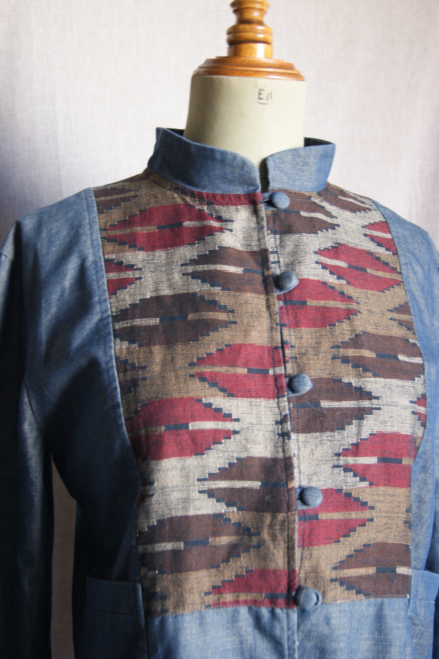 1990s Handcrafted Denim Jacket with Southwestern Woven Panels - M