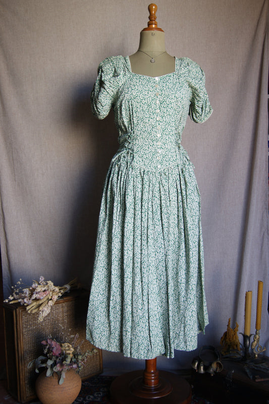 1980s Canna Mellis Green Floral Puff-Sleeve Midi Dress - M