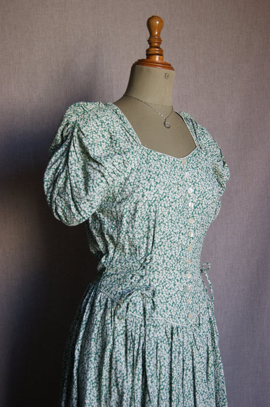 1980s Canna Mellis Green Floral Puff-Sleeve Midi Dress - M