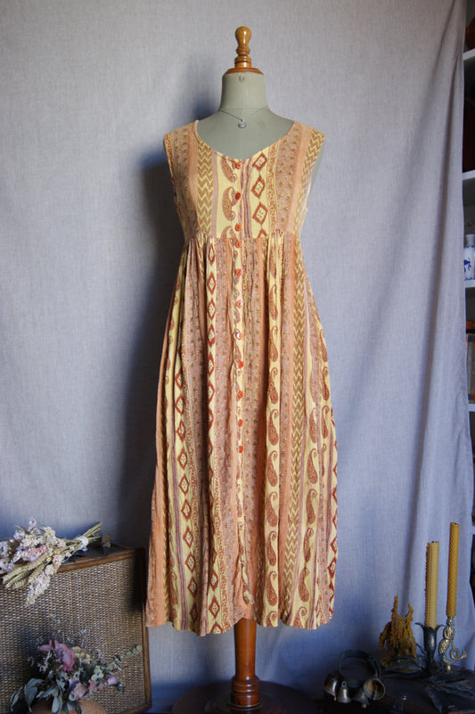 1980s Sleeveless Ethnic Print Midi Dress - M