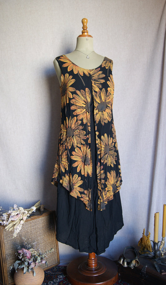 1990s Layered Black Sleeveless Sunflower Dress - M