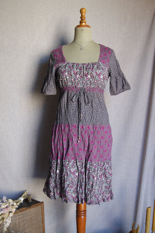 1990s Bohemian Tiered Crinkle Dress with Beaded Butterfly Charm - S