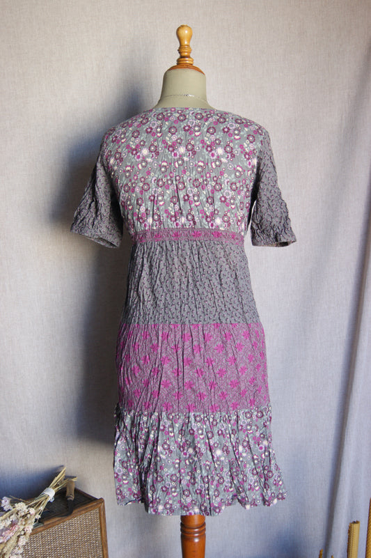 1990s Bohemian Tiered Crinkle Dress with Beaded Butterfly Charm - S