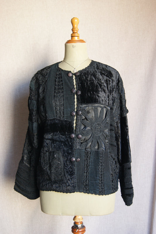 Jaqueta de vellut negre dels anys 80 amb brodat texturat - M
