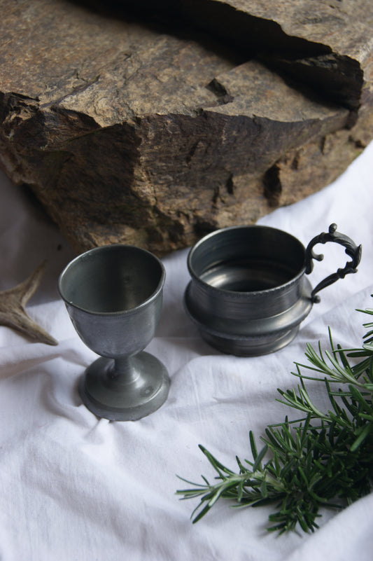 Antique Medieval-Style Pewter Goblet and Handled Mug Set
