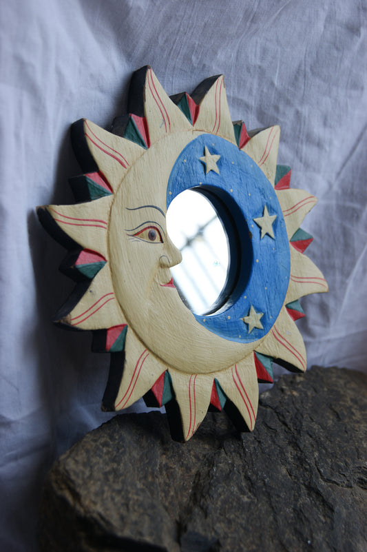 1990s Hand-Painted Wall Hanging Wooden Sun & Moon Celestial Mirror
