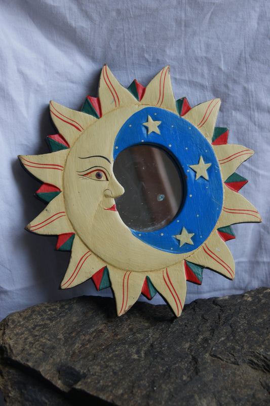 1990s Hand-Painted Wall Hanging Wooden Sun & Moon Celestial Mirror
