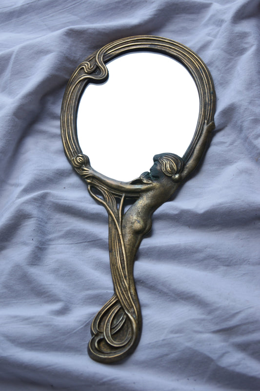 Antique Victorian Art Nouveau Brass Hand Mirror