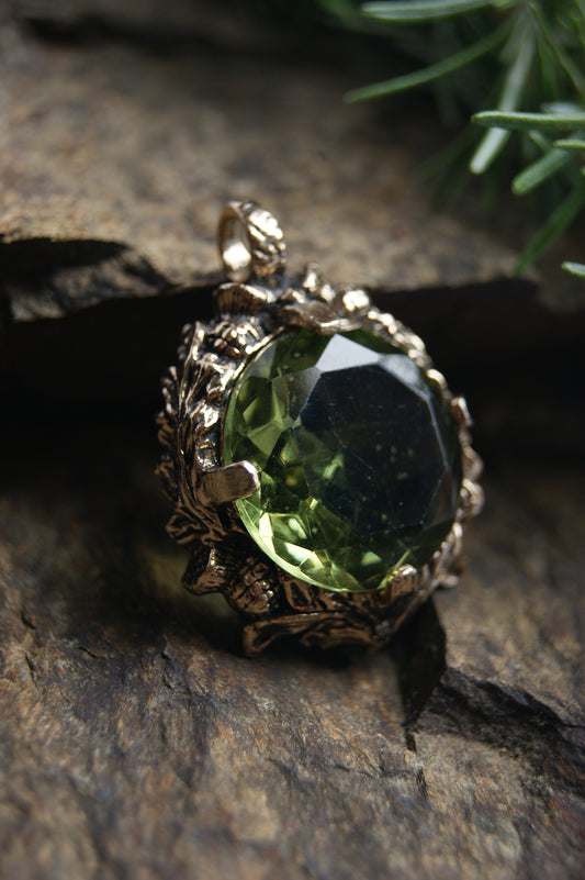1980s Signed Miracle Scottish Thistle Pendant with Green Styled Glass Stone