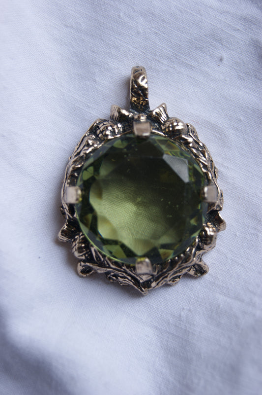 1980s Signed Miracle Scottish Thistle Pendant with Green Styled Glass Stone